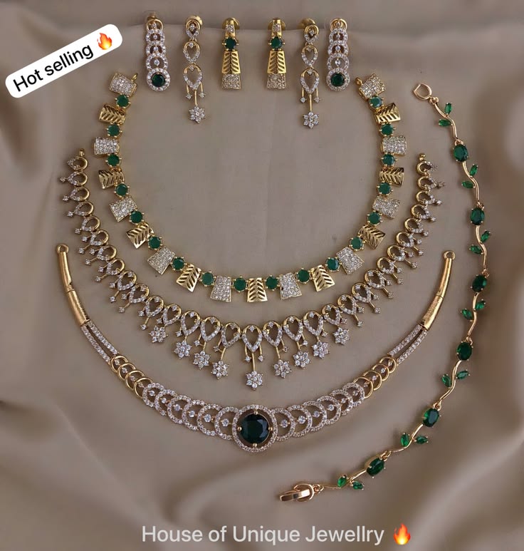 Silver Diamond Rose Work Green Stone Combo Set