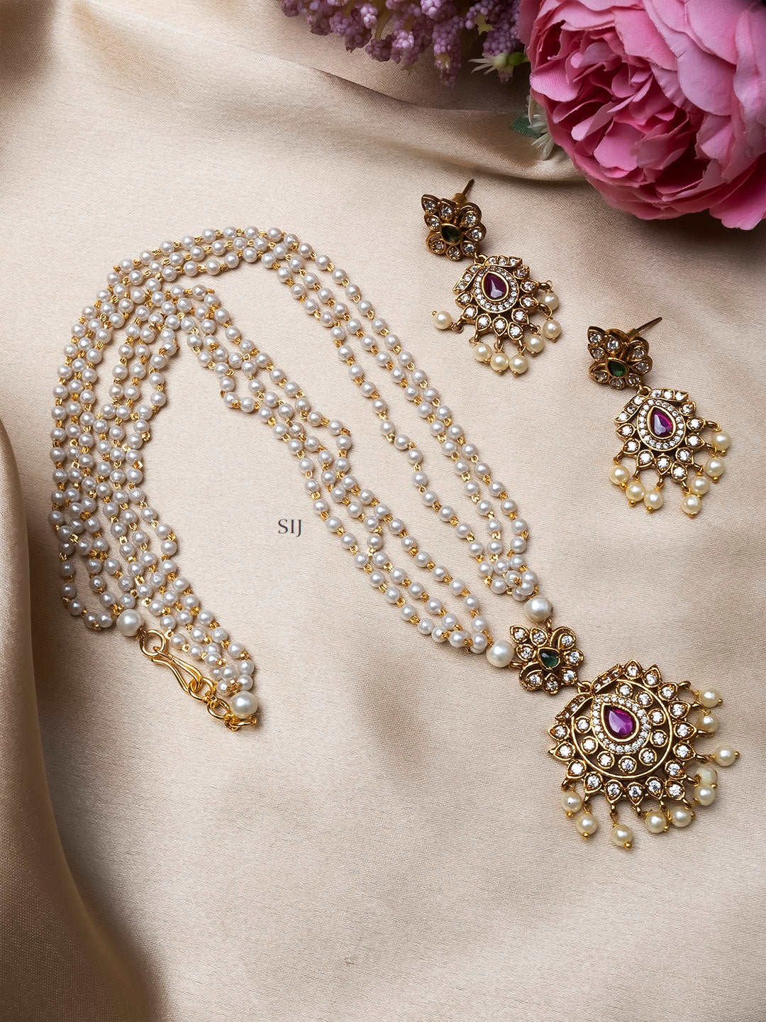 One Gram Gold AD Studded White Pearl Haram Set