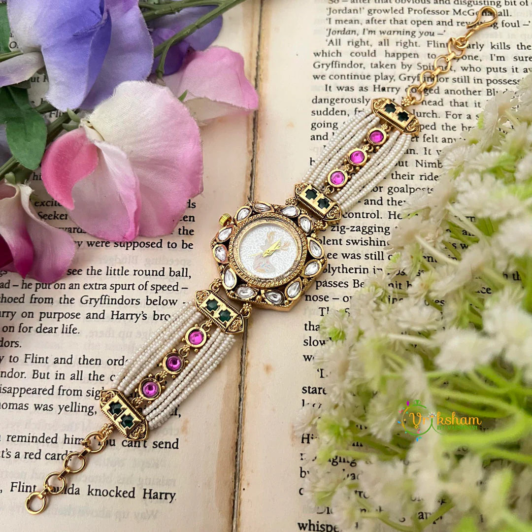Traditional Jadau Inspired White Dial Pearl Watch get Free Nose Pin