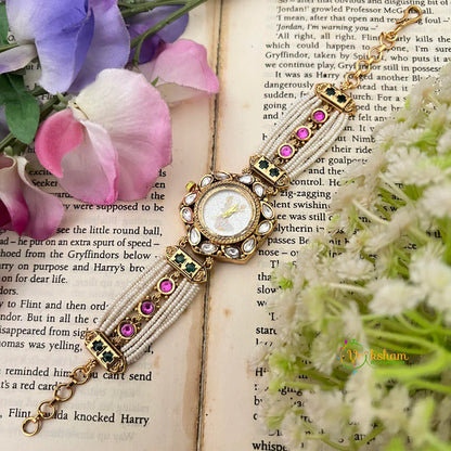Traditional Jadau Inspired White Dial Pearl Watch get Free Nose Pin