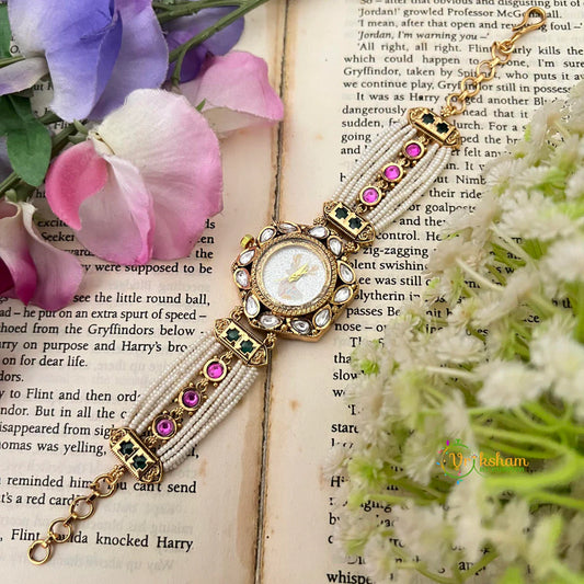 Traditional Jadau Inspired White Dial Pearl Watch get Free Nose Pin