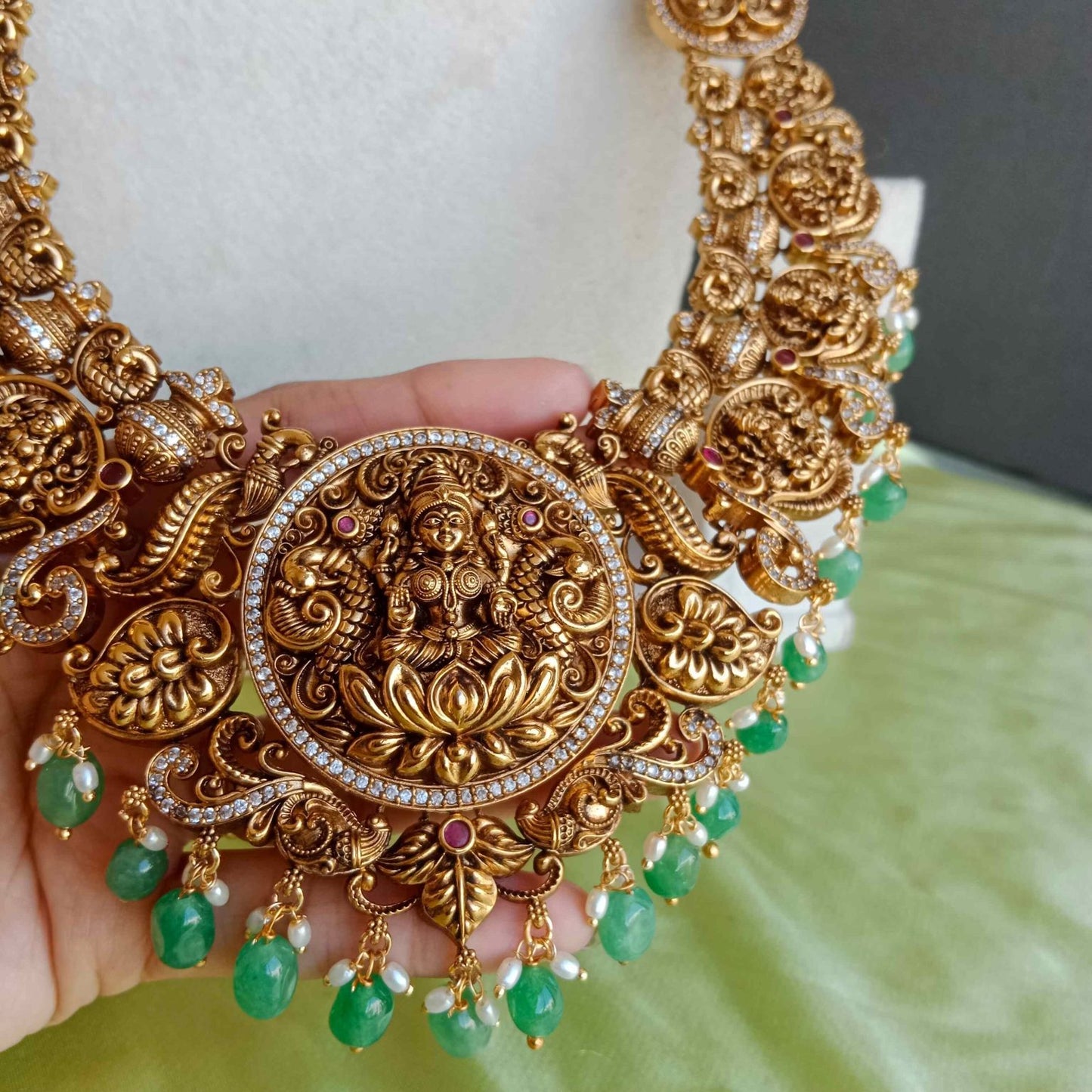Lakshmi Motif Peacock &Kalasam One Gram Gold Long Haram