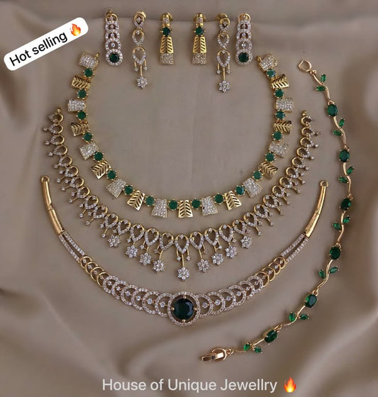 Silver Diamond Rose Work Green Stone Combo Set